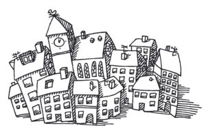 Hand-drawn vector drawing of a little Town, cute Buildings. Black-and-White sketch on a transparent background (.eps-file). Included files are EPS (v10) and Hi-Res JPG.